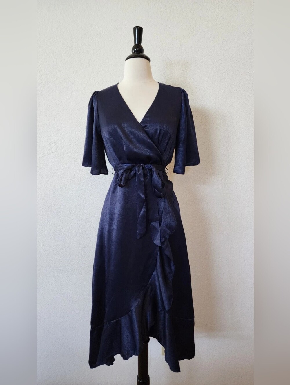 Navy Wrap Midi Dress with Ruffle Trim